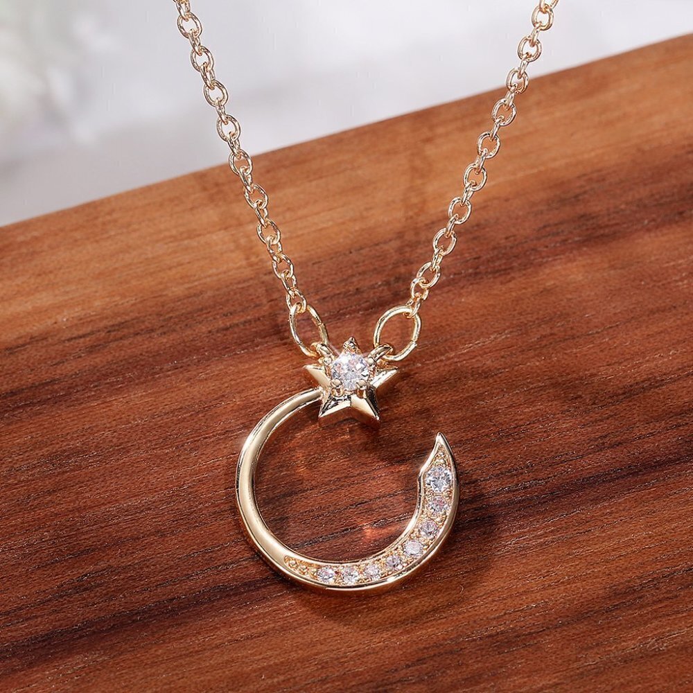 💎 Crystal Shiny Micro Pave Moon Star Gold Trendy Necklace for Women, INDN8645